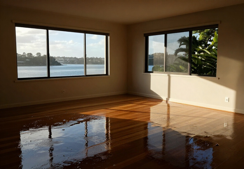 Waterlogged carpet in a Telopea living room before drying